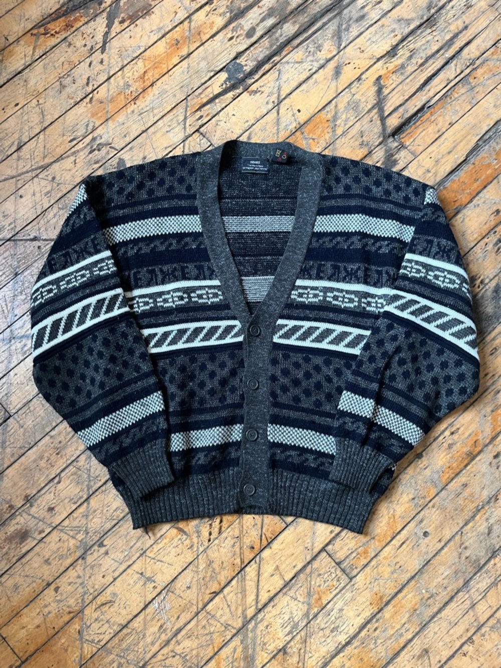 Sears Men's Charcoal & Light Gray Patterned Button-Front Cardigan